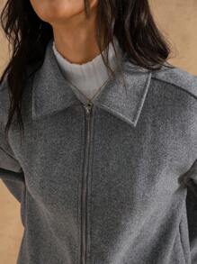 TrendSteals 女式纯色长袖拉链休闲宽松夹克，秋冬 - 灰色 - 查看 7
