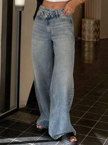 Livesso 女式低腰时尚腰带直筒牛仔裤