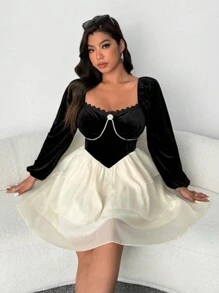 Flirla Plus Size Women Square Collar Lace & Velvet Colorblock Layered Hem Dress, Fashion Autumn/Winter - Black - View 7