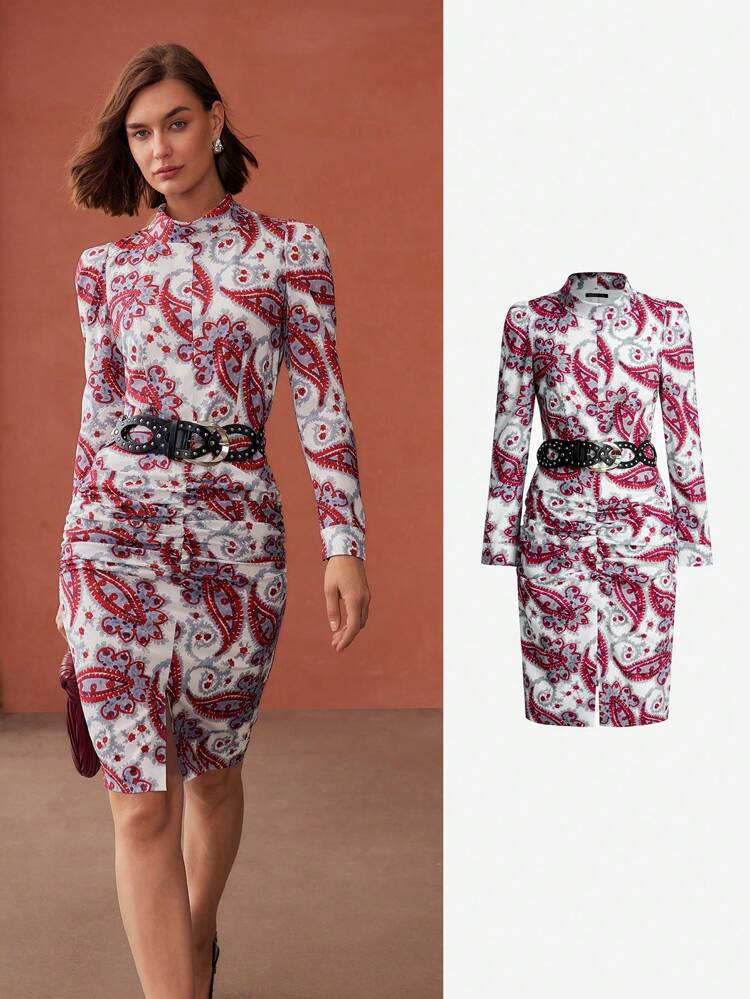 ELEGANT PAISLEY PRINT RUCHED DRESS