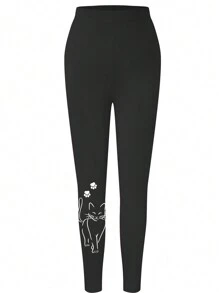 Calvaya 大码女式猫咪印花紧身裤，适合秋季和女士服装 - 黑色 - 查看 3