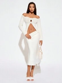 SHEIN SXY Dames effen kleur sexy holle 3D bloemen gebreide trui, herfst/winter, beige trui, dames truien, witte trui, off-the-shoulder trui, witte top,