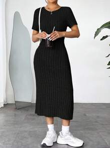 SHEIN EZwear Women's Solid Color Round Neck Short Sleeve Ribbed Casual Mini Dress