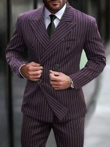 Manfinity Mode Men's Peak Lapel Front Button Long Sleeve Striped Minimalist Top And Pants Suit Set - Purple - View 1