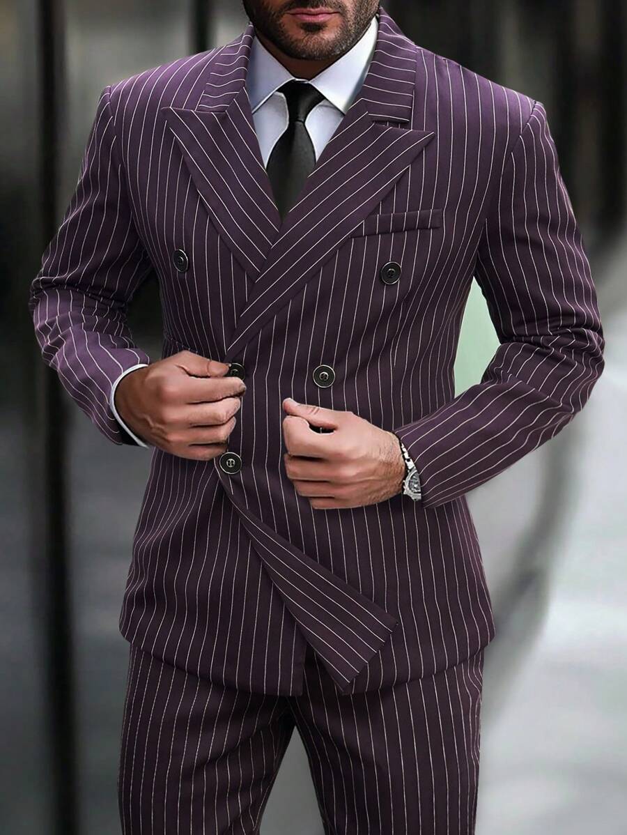 Manfinity Mode Men's Peak Lapel Front Button Long Sleeve Striped Minimalist Top And Pants Suit Set - Purple - View 1