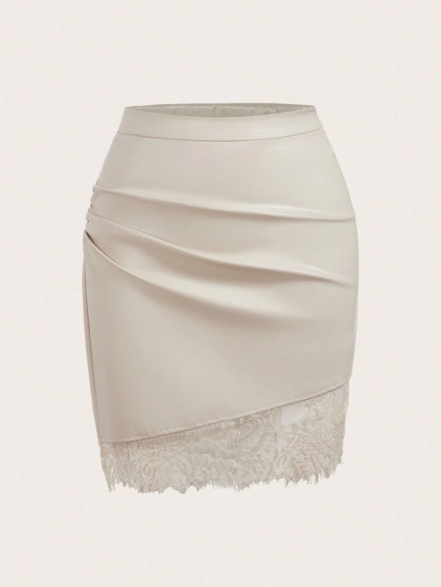 SHEIN Clasi 褶饰蕾丝和仿皮拼接优雅女式半身裙 - 杏色 - 查看 1