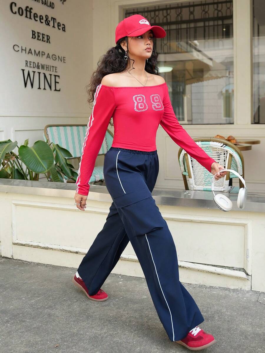SHEIN Explorewe 2pcs/Set Teen Girl Off-Shoulder Long Sleeve Numeric Print Minimalist Blouse & Pants Set - Red - View 1