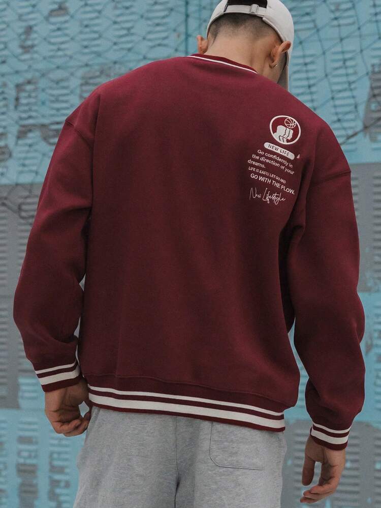 Men's Solid Color Patchwork Round Neck Long Sleeve Letter Print Pullover Sweatshirt, Fall Clothes