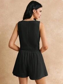 Poéselle Solid Button Front Jacket & Shorts - Black - View 3