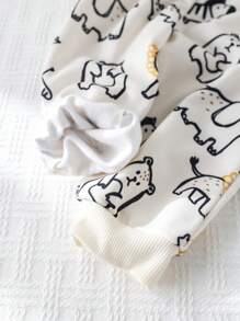 Cozy Pixies 2 Pcs/Set Toddler Boy Cartoon Animal Print Soft Knitted Drop Shoulder Crew Neck Sweatshirt And Drawstring Pants Set