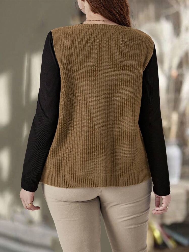 EMERY ROSE プラスサイズ レディース 無地ラウンドネック シングルボタン カジュアル ポケット付きニットベスト 秋冬 - キャメル - 見る 2