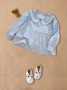 SHEIN 女童法式甜美长袖荷叶边罩衫 - 淺藍色 - 查看 3