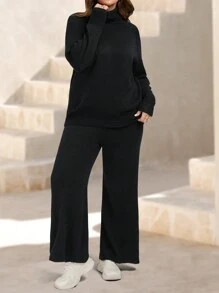 Plus Size Solid Color Turtleneck Long Sleeve Sweater And Pants Casual Suit, For Winter