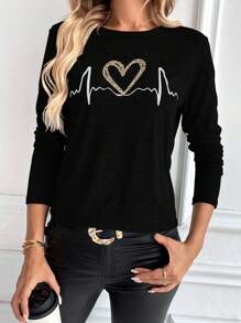 Chiquease Women Casual Cheetah & Heart Print Top, Minimalist & Fashionable Graphic Tees Women Tops Fall Cloth For Women - Black - View 5