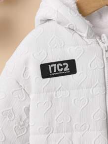 SHEIN 年轻女孩字母拉链前口袋连帽休闲棉服外套，冬季 - 白色 - 查看 5