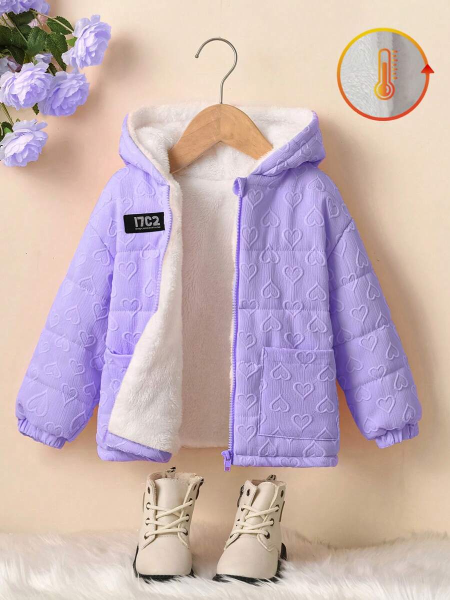 SHEIN Young Girl Plain Color Hooded Pocket Winter Jacket - Purple - View 1