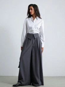 GENKIRA Fashionable High-End Commuting Folding Waist Design Loose Wide-Leg Pants  Fall Cloth For Women - Grey - View 5