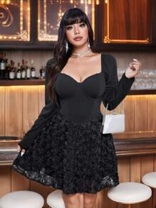 Allurite 大码黑色长袖迷你连衣裙，带 3D 玫瑰下摆喇叭裙，派对装 - 黑色 - 查看 2