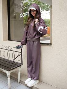 SHEIN Explorewe 2pcs/Set Teens (Girls) Casual Campus Streetwear Teen Girl Oversized Letter Print Hoodie & Sweatpants - Brown - View 4