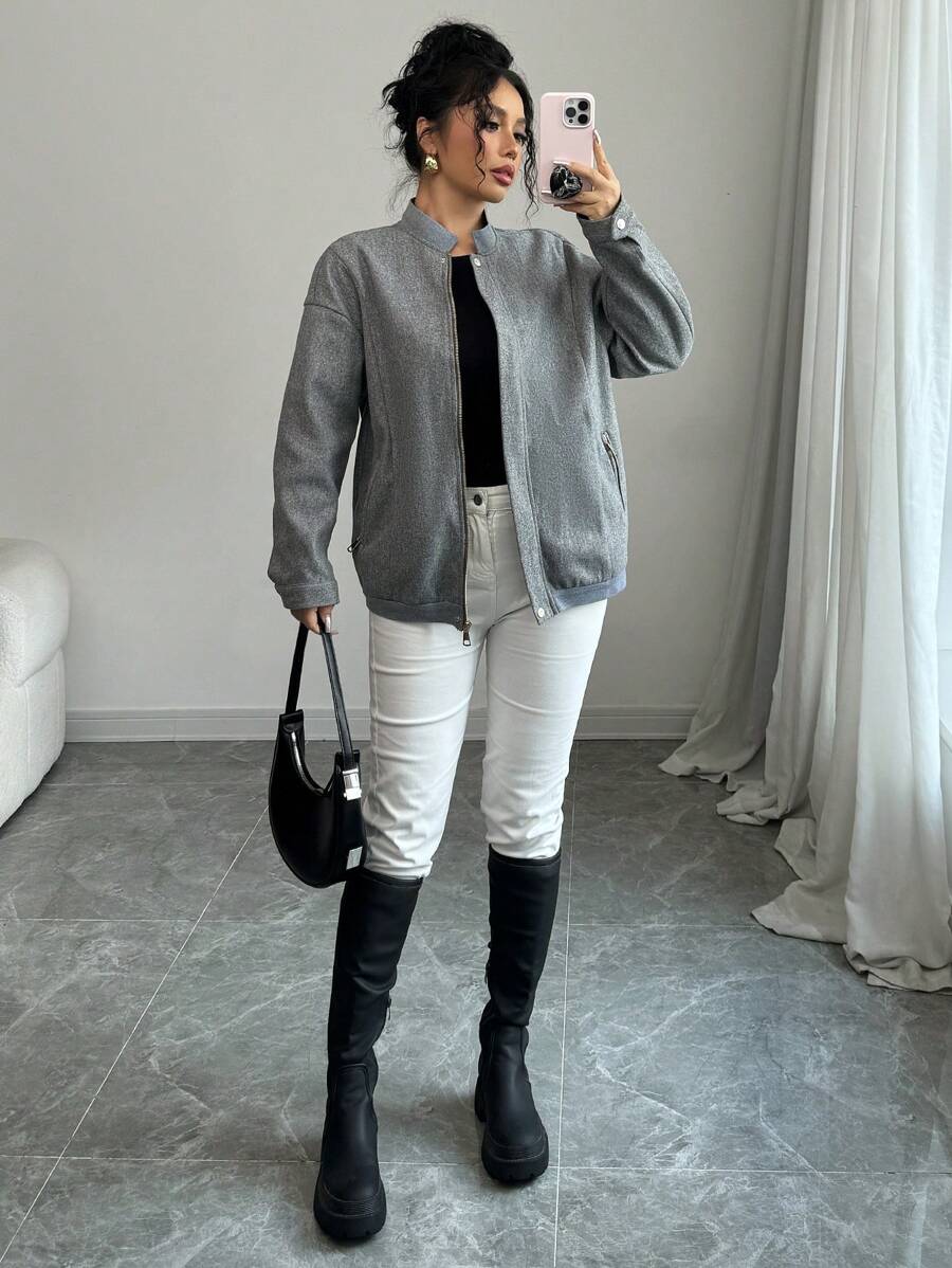 Chiquease Oversized Casual Sports Varsity Jacket - Grey - View 1