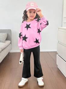 SHEIN 年轻女孩基本款休闲日常舒适针织圆领套头运动衫，带星星印花和针织裤 PU 套装 - 粉色 - 查看 3