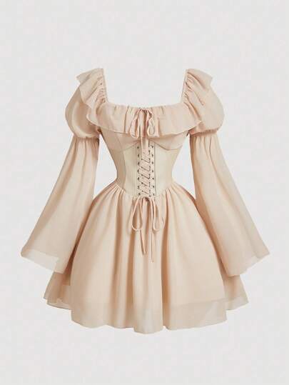 SHEIN MOD Brown Chiffon Patchwork PU Waist Vintage Flare Sleeve A-Line Dress,Semi Formal Dress,Fall Women Clothes,Ruffle Dress,Formal Dress