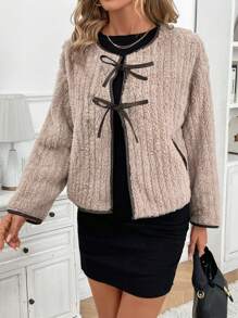 SHEIN Frenchy Chaqueta casual de mujer con mangas largas, cuello de sherpa y cordones de colores, Chaqueta de mujer con lazo, contraste y cordones, Chaqueta de franela y forro polar de manga larga cálida para otoño e invierno, Chaqueta de mujer con lazo, contraste y cordones, Chaqueta de franela y forro polar de manga larga cálida para otoño e invierno, Navidad, Acción de Gracias, Año Nuevo, Nochevieja, Térmica