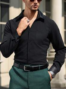 Manfinity Mode Men's Solid Color Button Front Long Sleeve Pocket Casual Shirt - Black - View 5