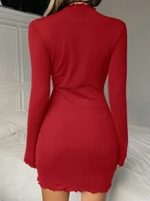 SHEIN EZwear Váy bó sát co giãn dệt kim màu đỏ dành cho nữ, mùa thu/đông - Đỏ - Xem 2