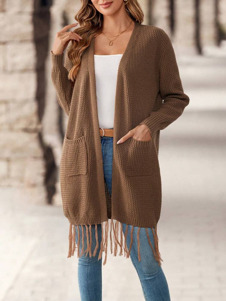 Women's Solid Color Tassel Trim Pocket Cardigan Long Cardigan Sweaters For Women Es
