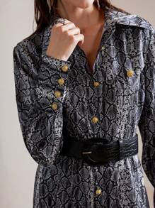 Anewsta 女式优雅蛇皮印花长袖连衣裙配腰带，时尚百搭，秋季 - 咖啡 - 查看 6