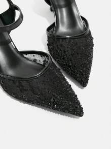 CUCCOO HITCHD 女士尖头高跟鞋蕾丝水钻优雅派对晚会婚礼高跟鞋 - 黑色 - 查看 7