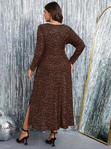 SHEIN Clasi 加大码女式深 V 领长袖侧开衩下摆闪亮亮片缀饰连衣裙长款女装 - 咖啡棕 - 查看 2