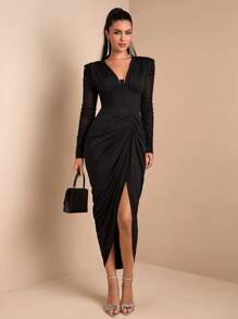 SHEIN BAE Long Sleeve Solid Black Sexy Deep V-Neck Ruched Tight Slit Dress, Elegant For Cocktail Parties, Romantic Dates, Layering In Autumn/Winter, Gatherings, Weddings - Black - View 1