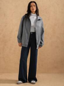 TrendSteals 女式纯色长袖拉链休闲宽松夹克，秋冬 - 灰色 - 查看 2