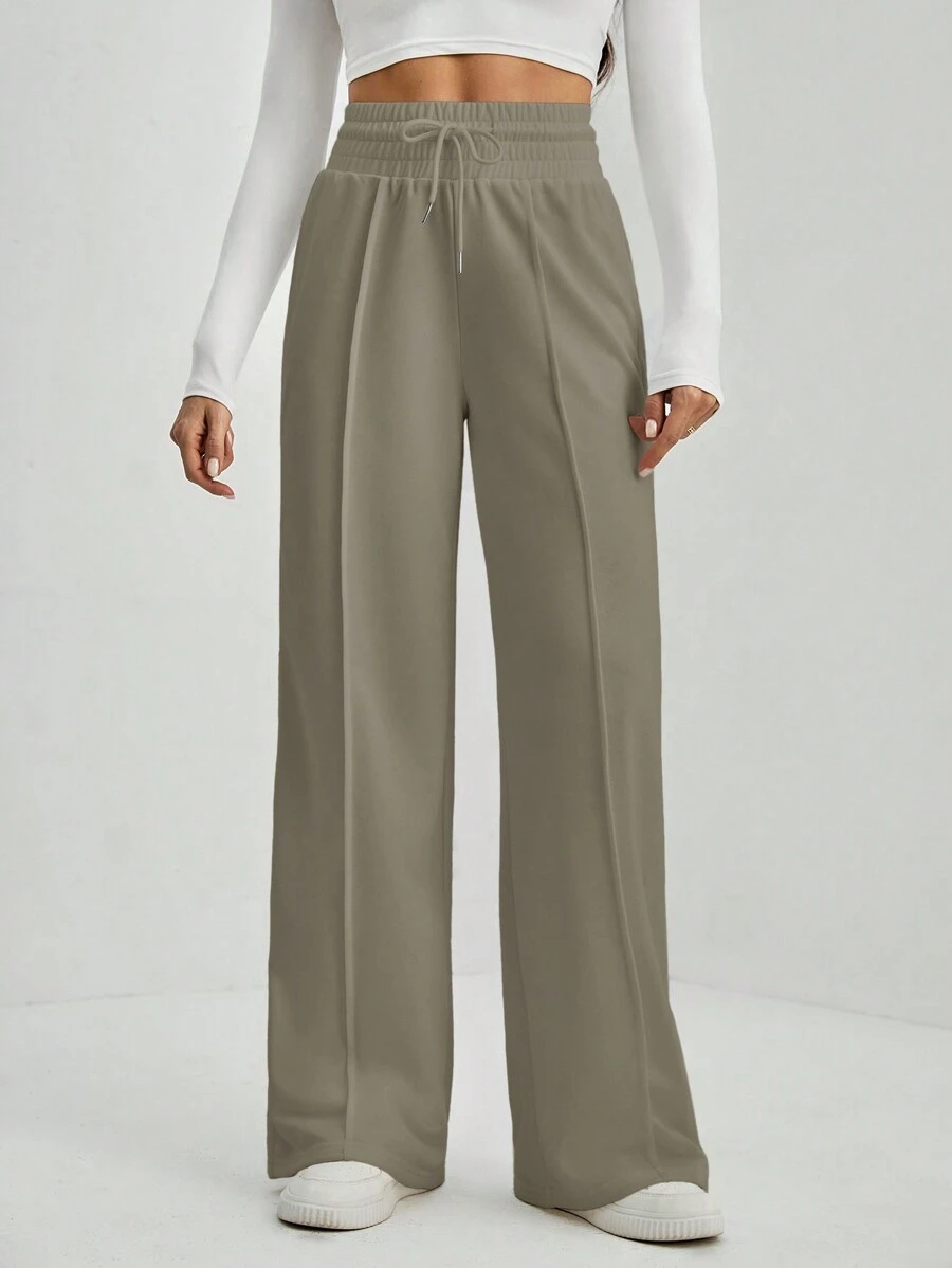 SHEIN Tall Pantalón de chándal de pierna ancha con cordón a la cintura - Caqui - Ver 1