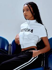 MUSERA Zip Through Short Sleeve Cropped Top - White - View 3