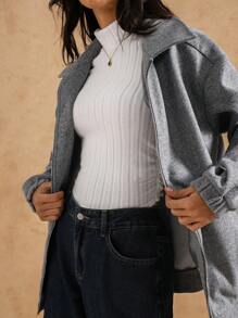 TrendSteals 女式纯色长袖拉链休闲宽松夹克，秋冬 - 灰色 - 查看 1