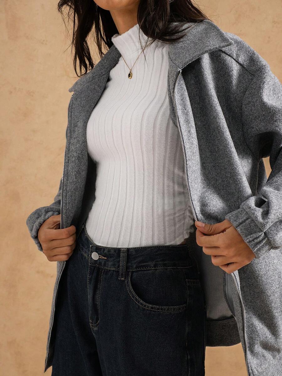 TrendSteals 女式纯色长袖拉链休闲宽松夹克,秋冬 - 灰色 - 查看 1