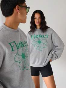 Manfinity INSISELF Sudadera holgada de cuello redondo con gráfico floral, de manga larga, color gris oscuro, para ir de salida, como regalo para amigos, esposo o novio