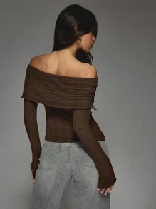 MISSGUIDED Ribbed Knit Off Shoulder Sweater Winter Autumn Long Sleeve Button Detail Cozy Wrap Style Casual Fashion Slim Fit Pullover Top - Coffee Brown - View 2