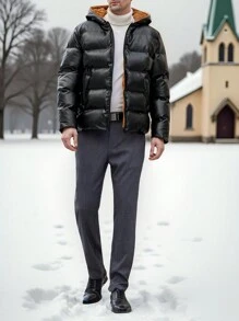 Manfinity VCAY 男士修身休闲连帽保暖内衬加厚棉衣，适合秋冬季外出黑色绗缝冬衣，适合朋友、丈夫、男朋友的礼物 - 黑色 - 查看 4