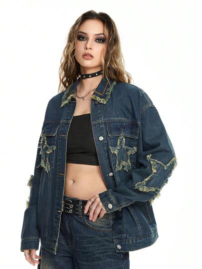 Grunge Punk Chaqueta vaquera desgastada con corte holgado, parches vintage de estrella y cruz, estilo punk para mujer