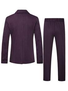 Manfinity Mode Men's Peak Lapel Front Button Long Sleeve Striped Minimalist Top And Pants Suit Set - Purple - View 2