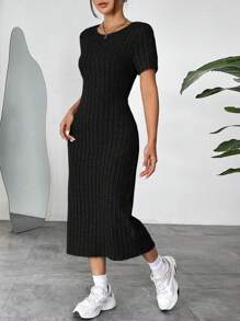 SHEIN EZwear Women's Solid Color Round Neck Short Sleeve Ribbed Casual Mini Dress