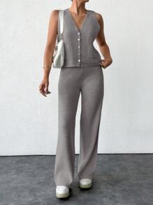 EURMUSE 2pcs/Set Women Single Breasted Knit Vest & Sweater Pants Casual Outfit Set, Autumn/Winter