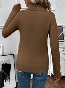 SHEIN LUNE Women's Solid Color Turtleneck Long Sleeve Minimalist Sweater, Casual Everyday Wear - Mocha Brown - View 2