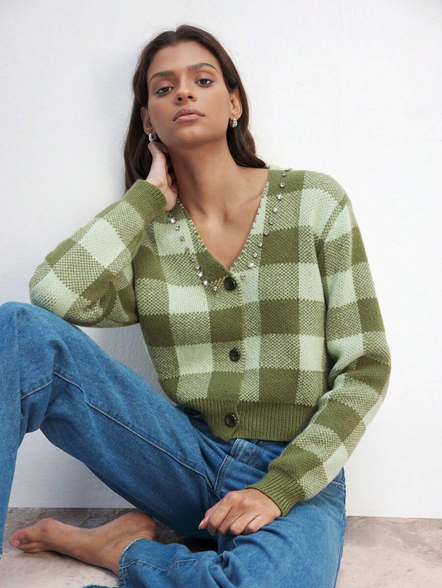 Maija 女式格子 V 领长袖单排扣休闲开衫，秋冬 - 橄欖綠 - 查看 1