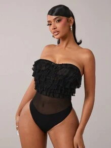 SHEIN SXY 性感分层蕾丝荷叶边紧身衣 - 黑色 - 查看 3