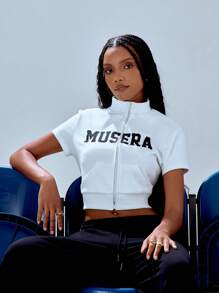 MUSERA Zip Through Short Sleeve Cropped Top - White - View 1